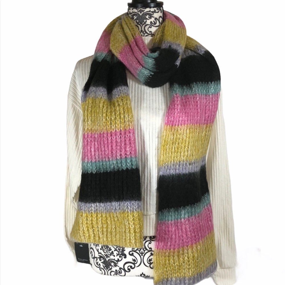 NWT Colorful Free Press Fuzzy Stripe Scarf Bright Pink Black Yellow Soft